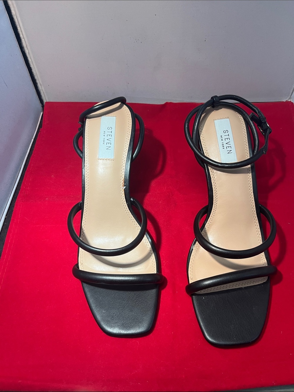 Steve Madden Black Triple-Strap Square-Toe Heels
